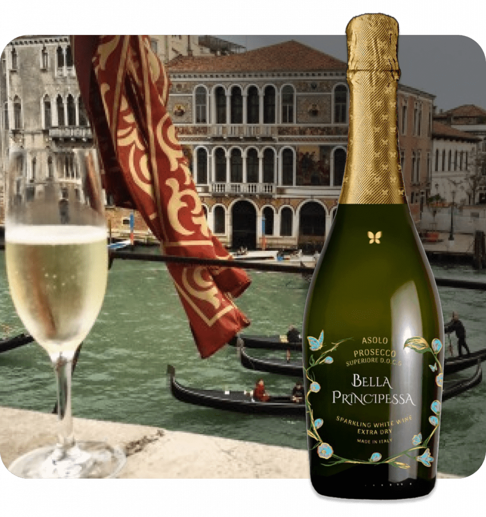 Flasche Bella Principessa Premium Prosecco mit dem Logo und dem Namen der Marke.
