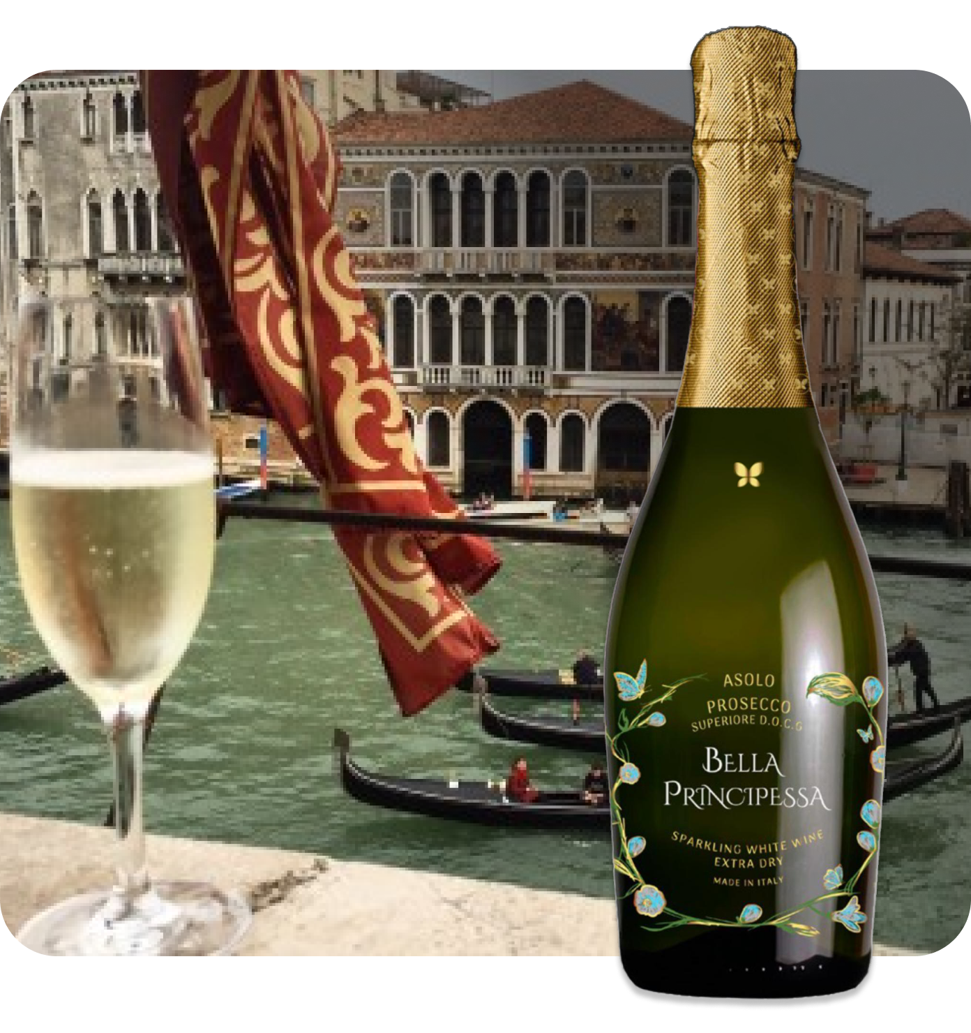 Bottle of Bella Principessa premium Prosecco with the brand's logo and name.