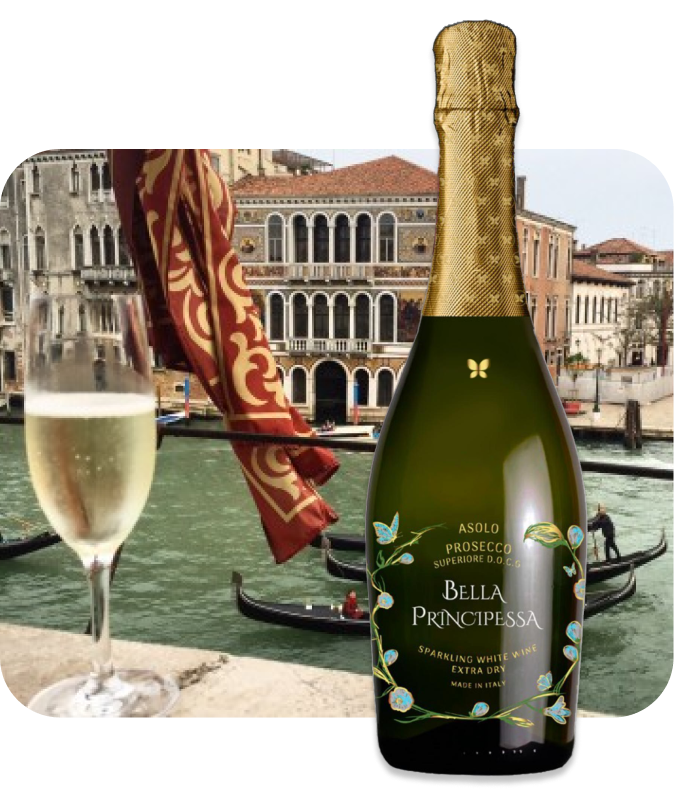Бутылка Bella Principessa Prosecco с видом на Венецианский канал.