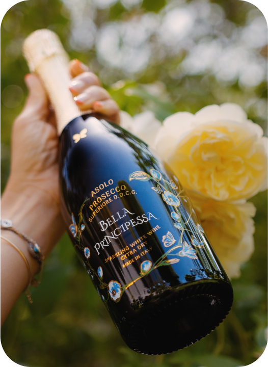 Bella Principessa Luxury Prosecco в бутылке с керамической росписью, подходит для веганов, вегетарианцев и больных целиакией.