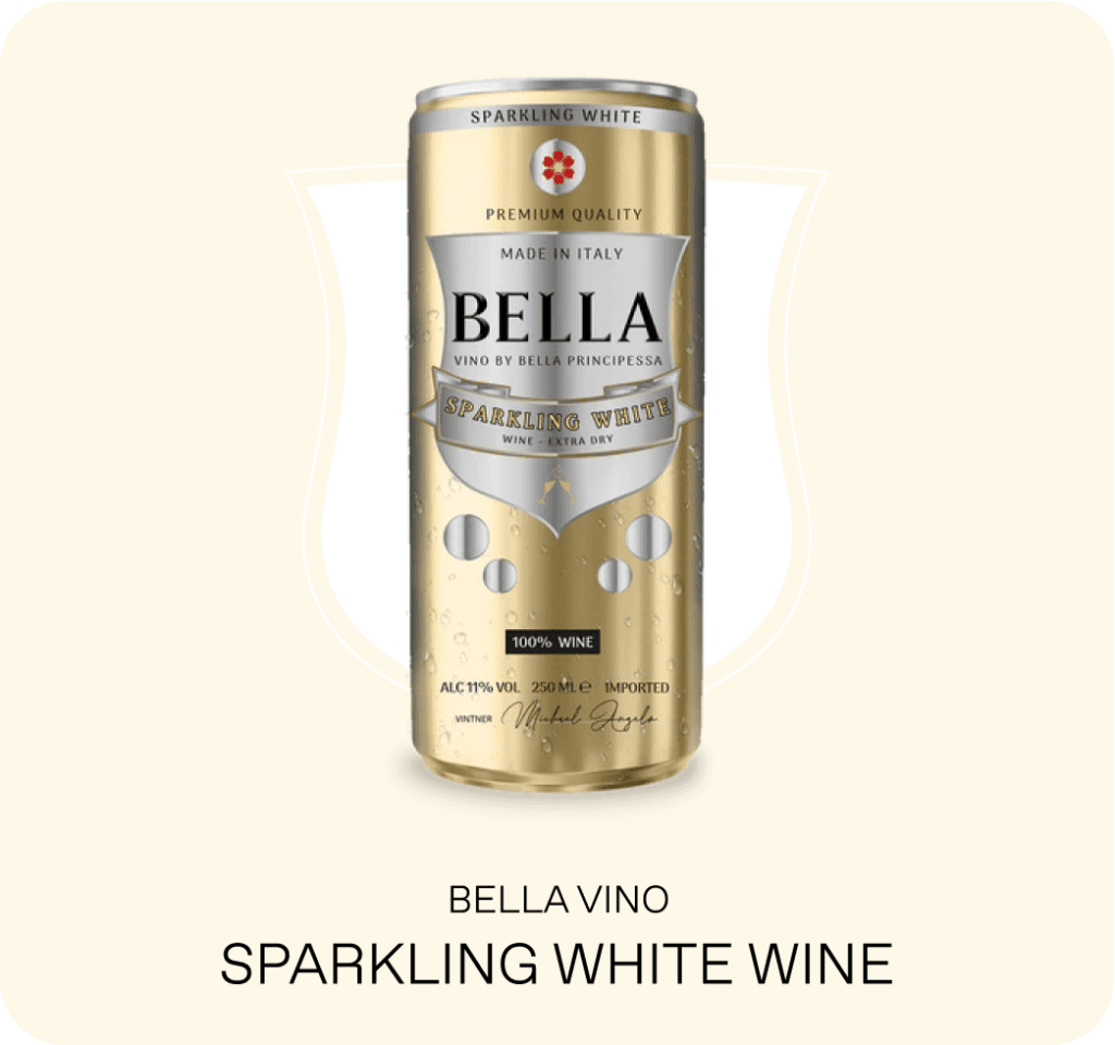 Bella Vino sparkling wine cans featuring handpicked Glera grapes from the heart of Veneto's Prosecco region.