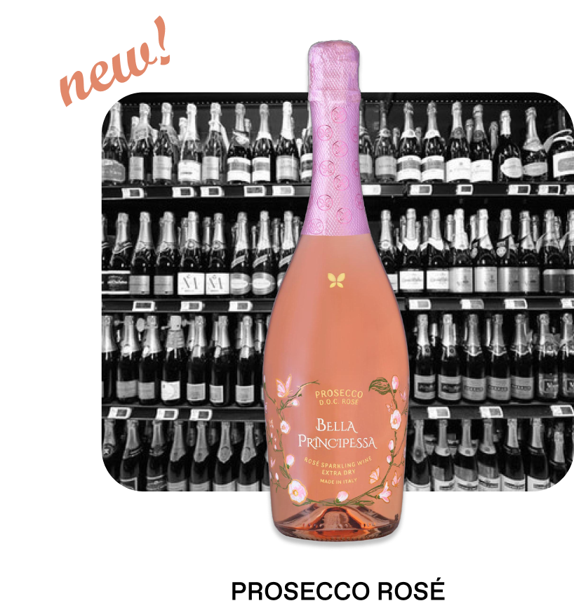 Bottiglia di Prosecco Rose di Bella Principessa con bicchiere colmo di spumante rosa.
