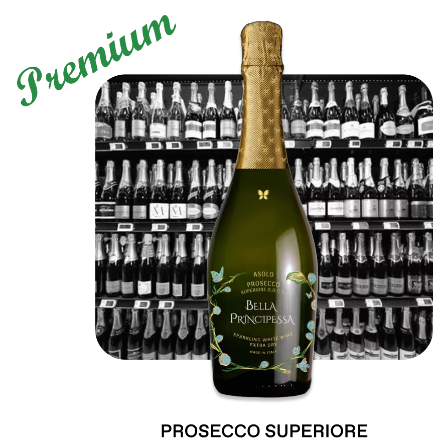 Bella Principessas Champagner-Prosecco neu erfunden – Best Bubbly 2023 – Eine funkelnde Flasche Sekt mit goldenem Farbton und lebhaften Blasen