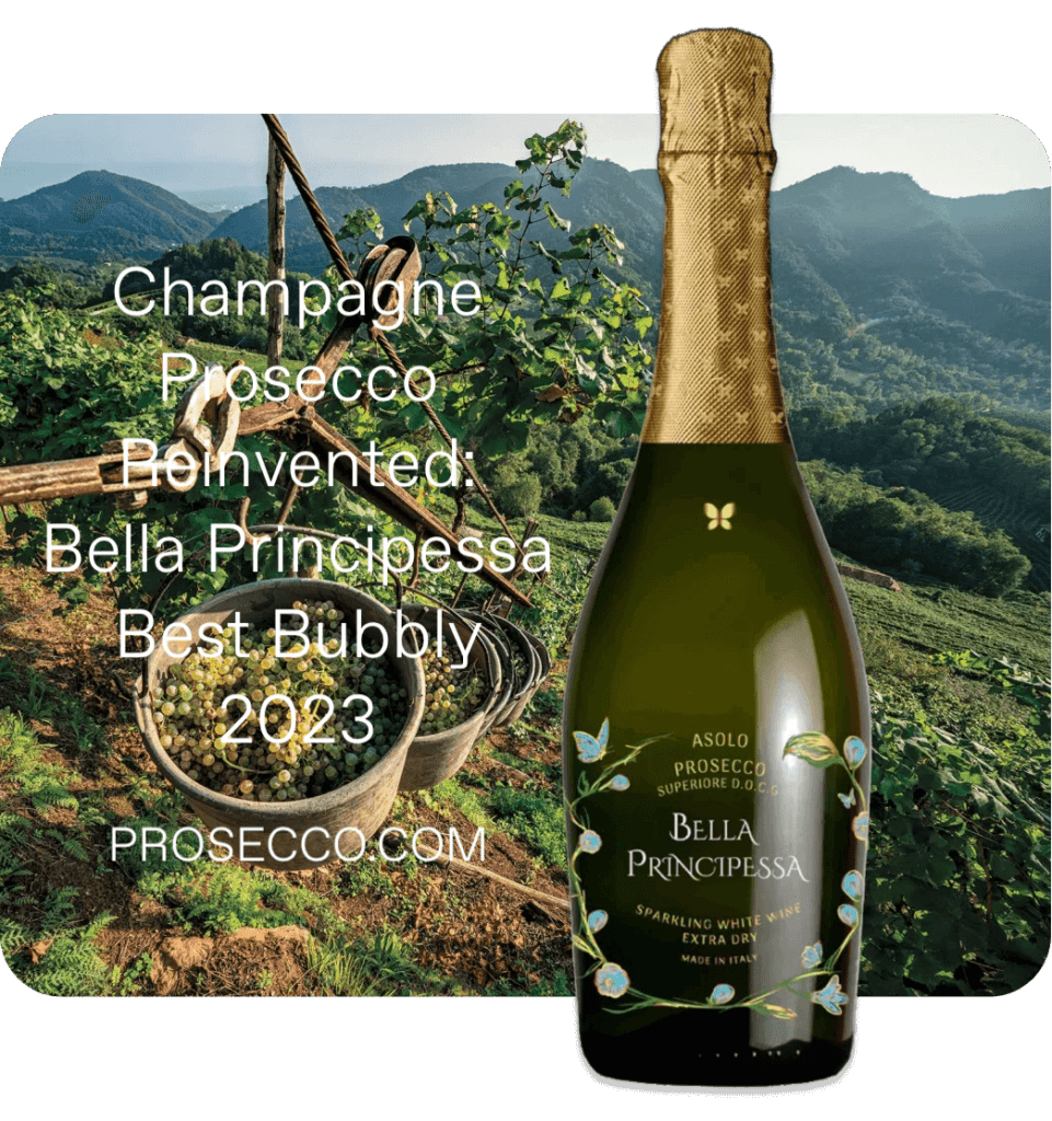 Bella Principessa Prosecco DOCG – Der beste Sekt des Jahres 2023 mit Weinreben von Asolo Veneto im Hintergrund
