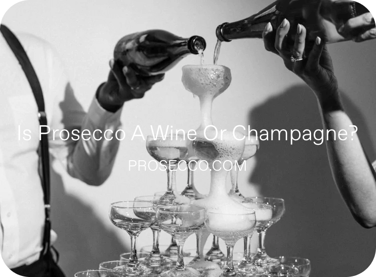 Bella Principessa Prosecco-Flaschen füllen einen Turm aus Champagnergläsern.