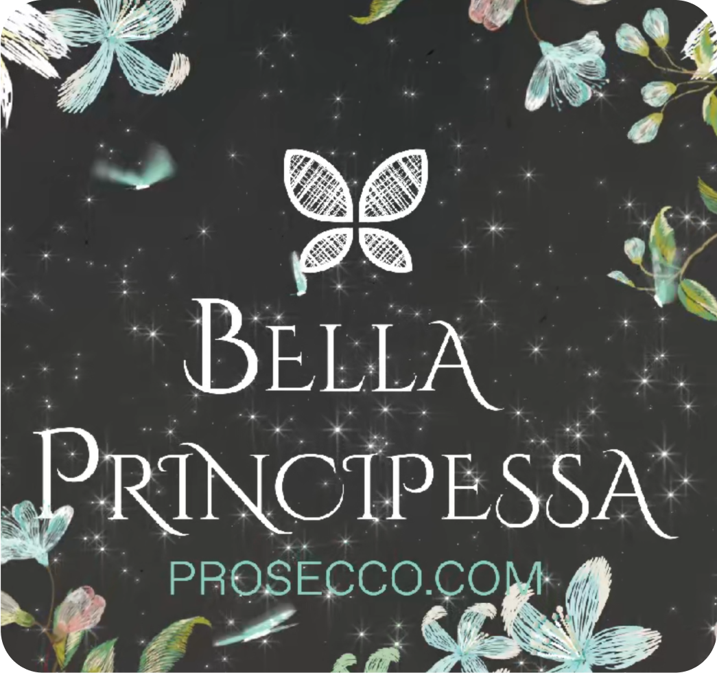 Bella Principessa Prosecco-Logo vor einem Nachthimmel mit Glitzern und Blumen.