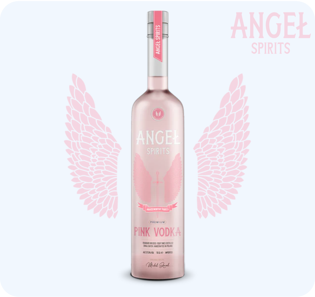 Bottiglia di Angel Spirits Vodka rosa premium aromatizzata al rabarbaro, quattro volte distillata.