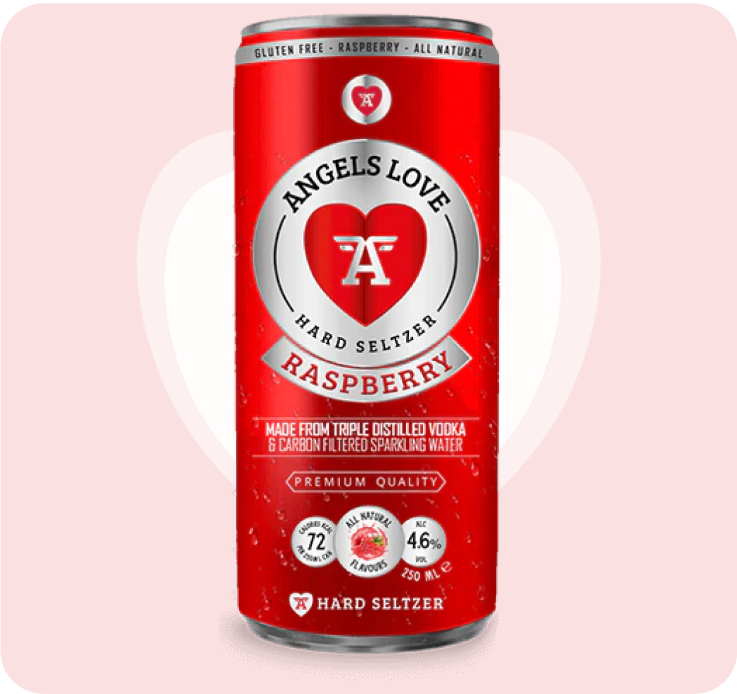 Angels Love Hard Seltzer logo with a winged A inside a heart-shaped symbol.