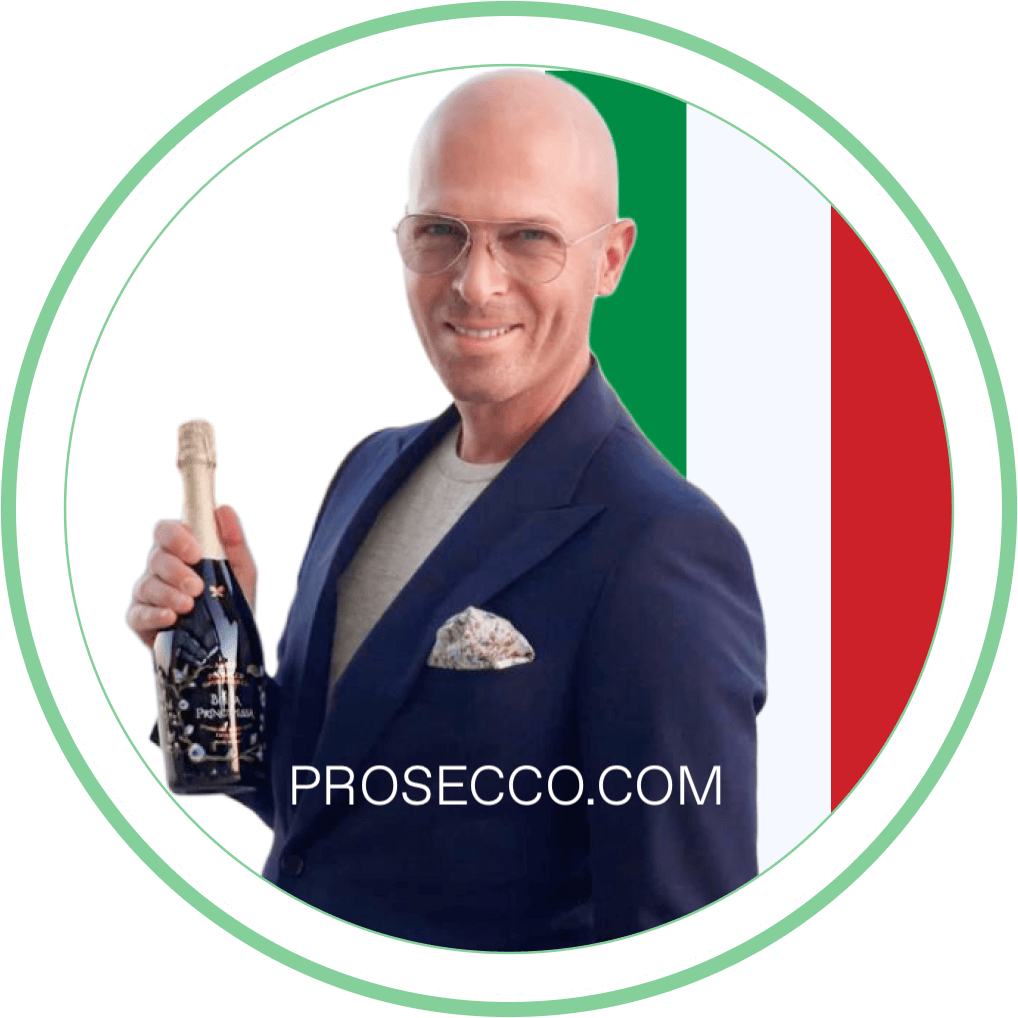 Prosecco Founder Michael Goldstein holding Bella Principessa Prosecco bottle in front of the Italian tricolore flag