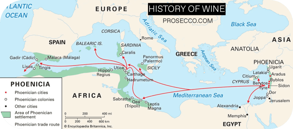 Entdecken Sie die reiche Geschichte des Weins mit Michael Goldstein auf Prosecco.com, begleitet von einer Karte der phönizischen Handelsrouten.