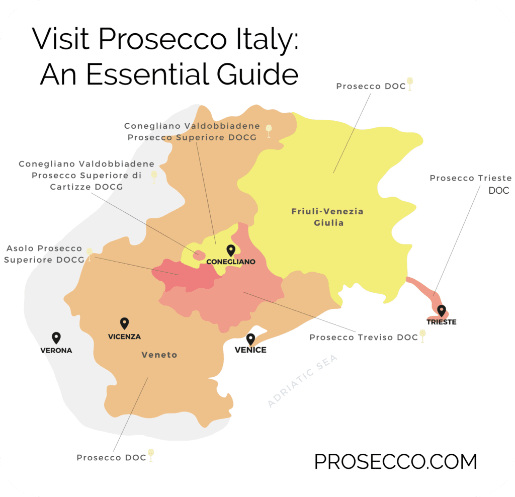 Esplora la bellezza della regione vinicola del Prosecco con la guida di Prosecco.com alla mappa della regione vinicola del Prosecco