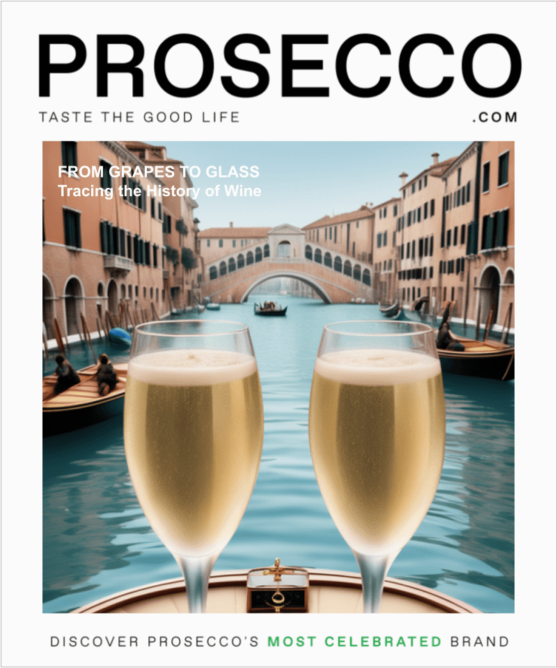 Your top Prosecco questions Answered: This image shows two glasses of Prosecco overlooking a Venetian canal, symbolizing the journey of Prosecco from its historical roots to the present.