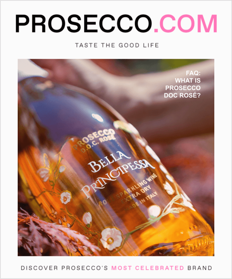 Close-up of a chilled bottle of Bella Principessa Prosecco DOC Rosé with floral accents, embodying Prosecco.com's luxury.