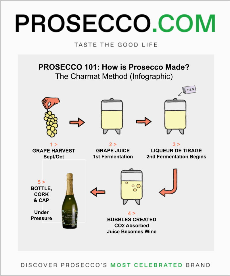 Prosecco 101: How is Prosecco Made?' infographic offers a visual journey through the Charmat Method, the process behind the beloved bubbly. It breaks down the transformation from grape harvest to bottling, illustrating each step from fermentation to the creation of bubbles, encapsulating how Prosecco evolves into the festive drink known worldwide. This educational piece is perfect for wine enthusiasts looking to deepen their understanding of Prosecco's craftsmanship.