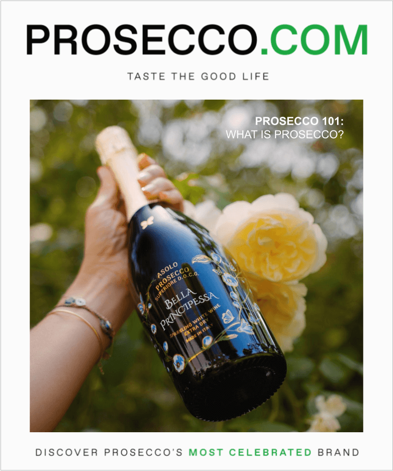 Journey into the heart of Italian winemaking with 'Prosecco 101: What is Prosecco?' on Prosecco.com. This image captures a hand elegantly presenting a bottle of Asolo Prosecco Superiore D.O.C.G. Bella Principessa, set against a lush garden backdrop, symbolizing the brand's dedication to natural quality and tradition. Join us to explore the world of Prosecco and taste the good life.