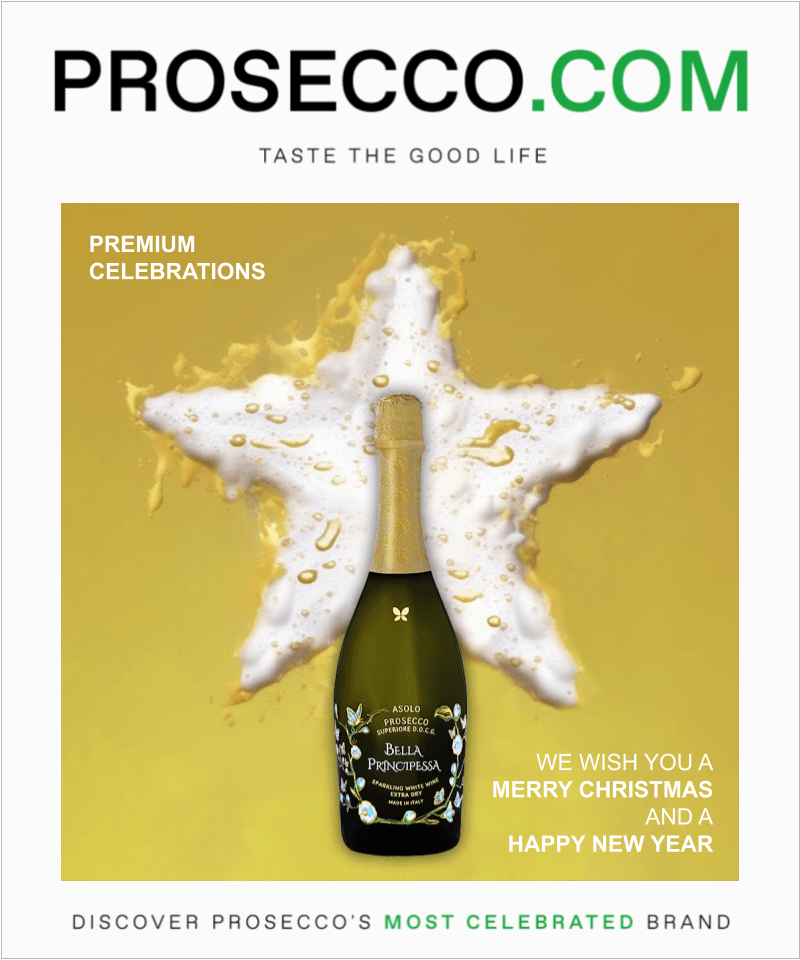 Festive Prosecco Christmas Card from Bella Principessa Prosecco and Prosecco.com, featuring a bottle with a golden starburst on a yellow background.
