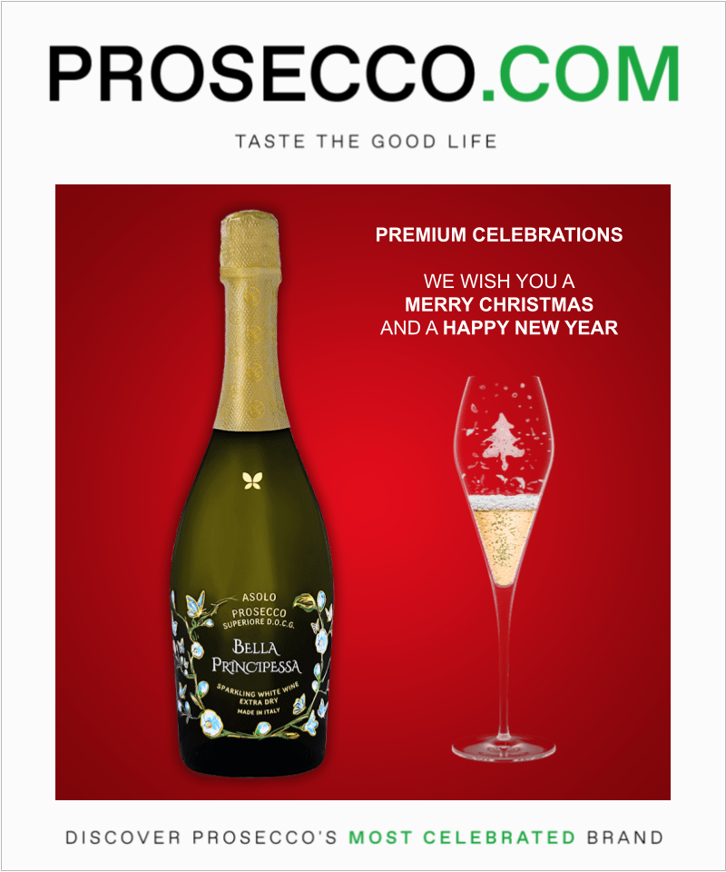 Bella Principessa Prosecco's Christmas card displays a bottle and a flute with a Christmas tree pattern set against a festive red background on Prosecco.com.
