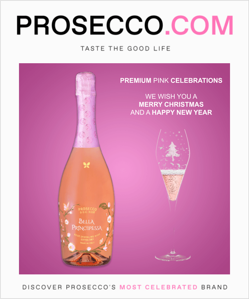Bella Principessa Prosecco Christmas card with a stylish pink bottle of Pink Prosecco and a festive glass with a Christmas tree motif on Prosecco.com.