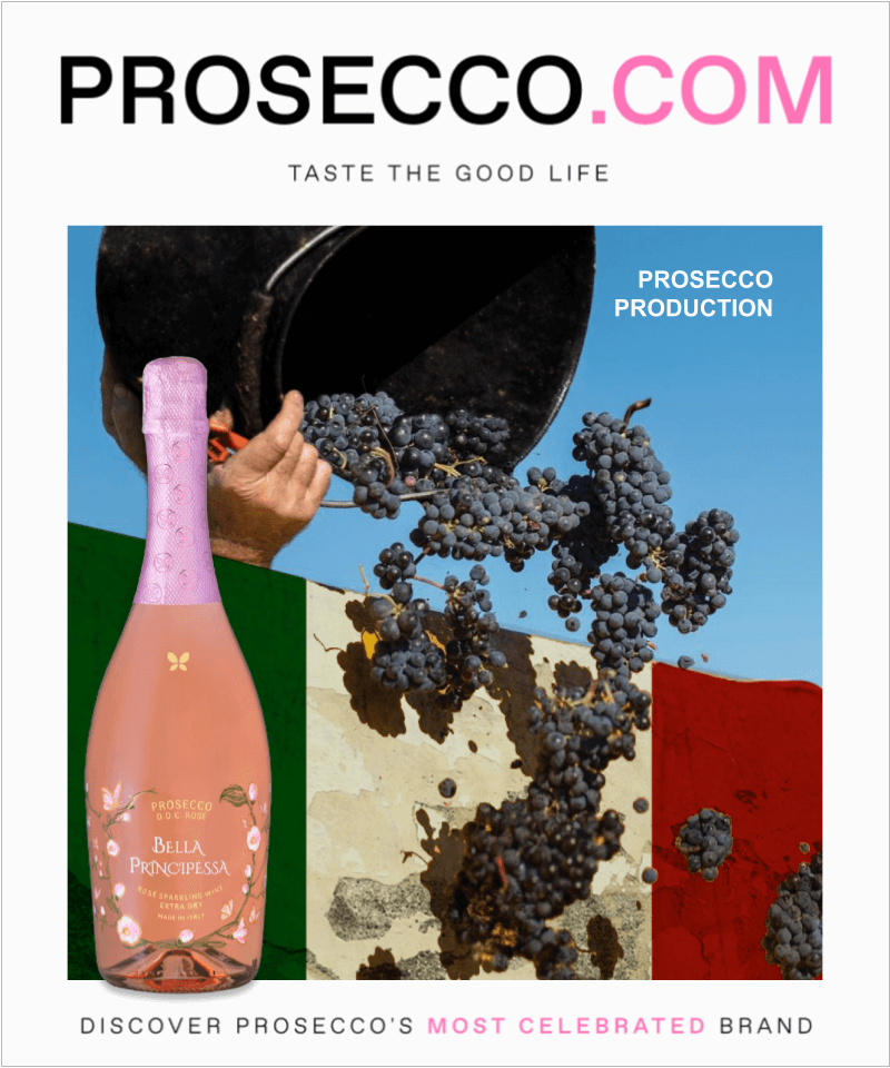 Harvesting the essence of Prosecco, this image captures the production process with grapes being poured for Bella Principessa Prosecco Rosé at Prosecco.com