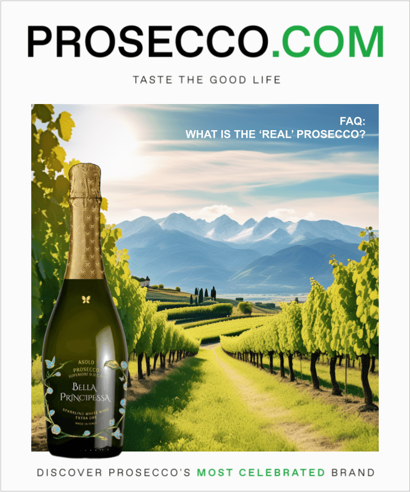Vineyard in the Prosecco hills with a bottle of Bella Principessa, illustrating 'What is real Prosecco?' question on Prosecco.com