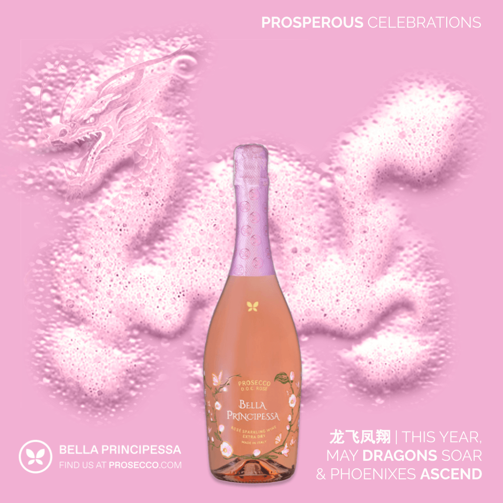 Experience the fusion of tradition and celebration with Prosecco.com's featured Bella Principessa sparkling wine in the 'Year of the Dragon 2024: Prosperous Prosecco Celebrations'. The image captures the essence of festivity with a striking red dragon, an auspicious symbol for the year 2024, soaring behind the elegant bottle of Bella Principessa Prosecco. Adorned with a floral motif, the bottle reflects the brand's commitment to excellence and the joy of life's finest moments. This visually stunning representation invites connoisseurs and enthusiasts alike to discover the most celebrated Prosecco brand and join in the global festivities.