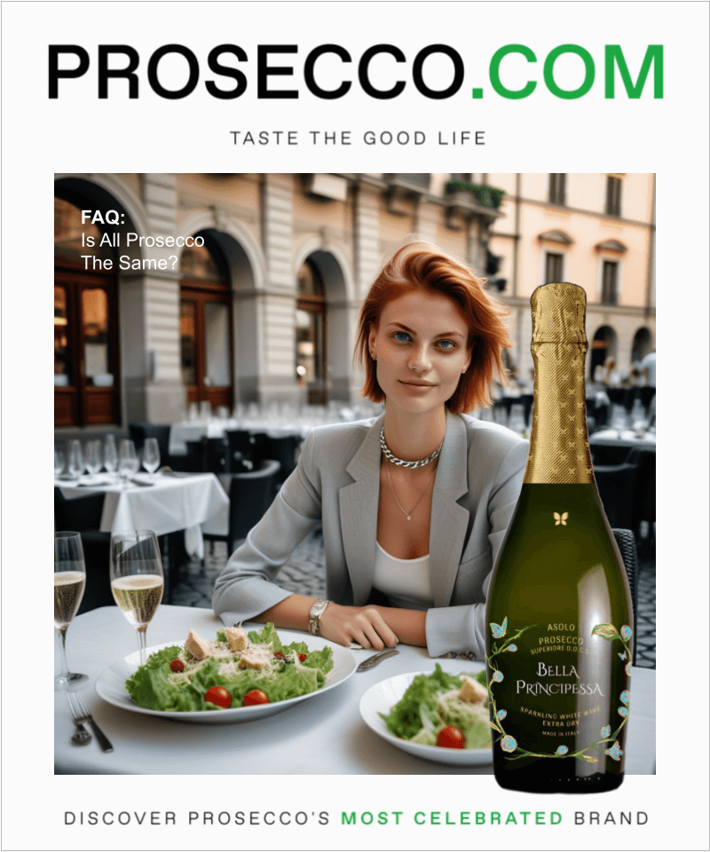 Is All Prosecco The Same - A confident woman dining outdoors, poised with a glass of Bella Principessa Prosecco.