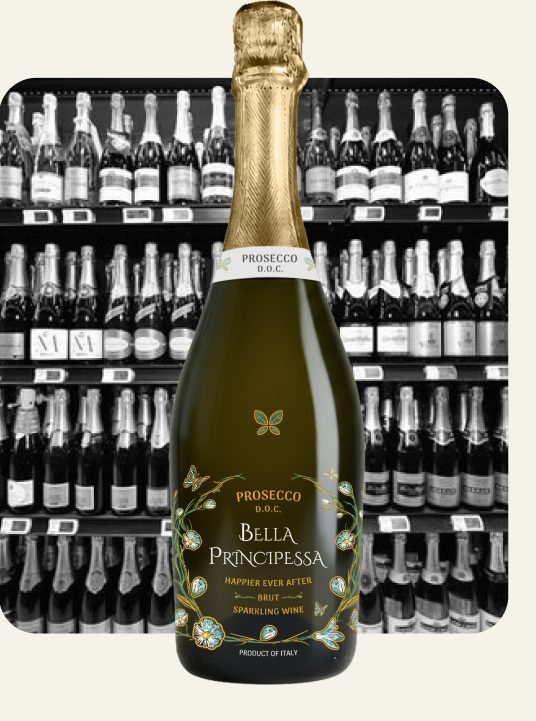 Bella Principessa Prosecco DOC gold bottle in front of a store shelf