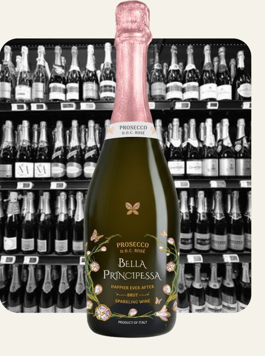 Bella Principessa Prosecco DOC Rosé pink bottle in front of a store shelf